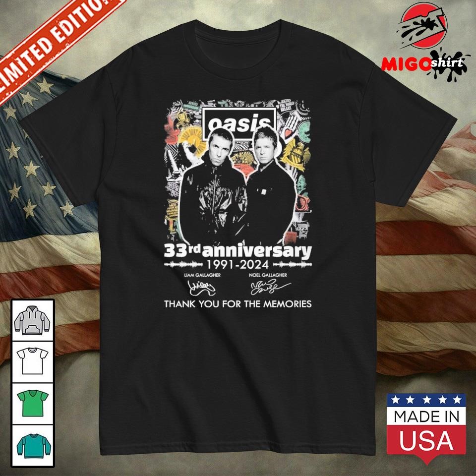 Official Oasis Band 33rd Anniversary 1991-2024 Thank You For The Memories T-Shirt